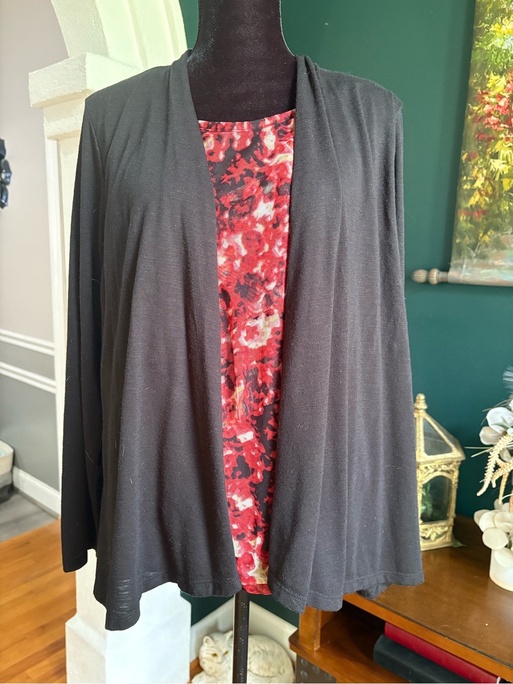 White Stag Black Open-Front Cardigan with Red Floral Panel